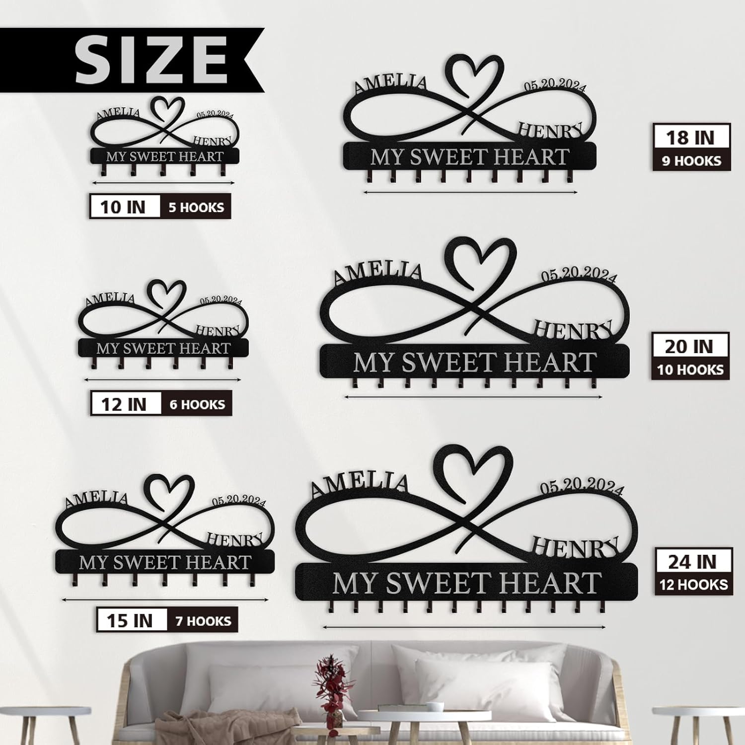 Personalized Key Holder Wall Mount, Custom Couple's Name Key Holder for Wall-01-MetalsignX