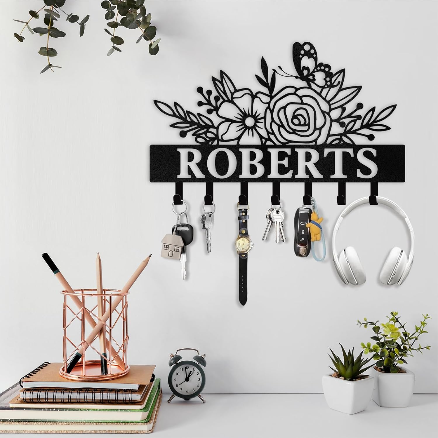 Custom Metal Wall Hook for Living Room,Floral Personalized Key Rack-MetalsignX