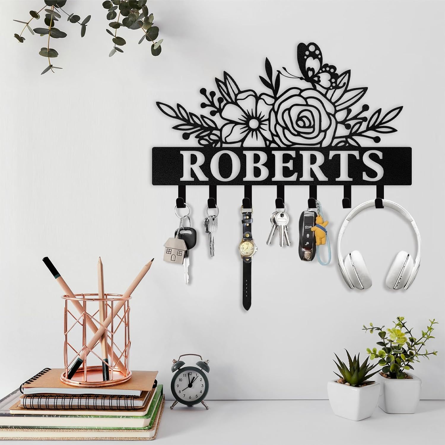 Custom Metal Wall Hook for Living Room,Floral Personalized Key Rack-MetalsignX