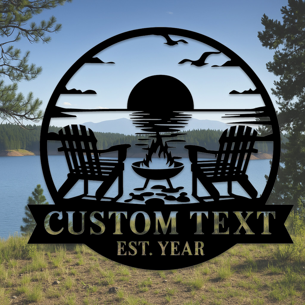 Custom Lake Sunset Metal Sign, Personalized Firepit and Adirondack Chair Wall Art for Cabin, Porch, or Backyard Outdoor Decor