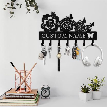 Butterfly & Flowers Metal Key Holder ， Elegant Wall Decor & Organization-MetalsignX