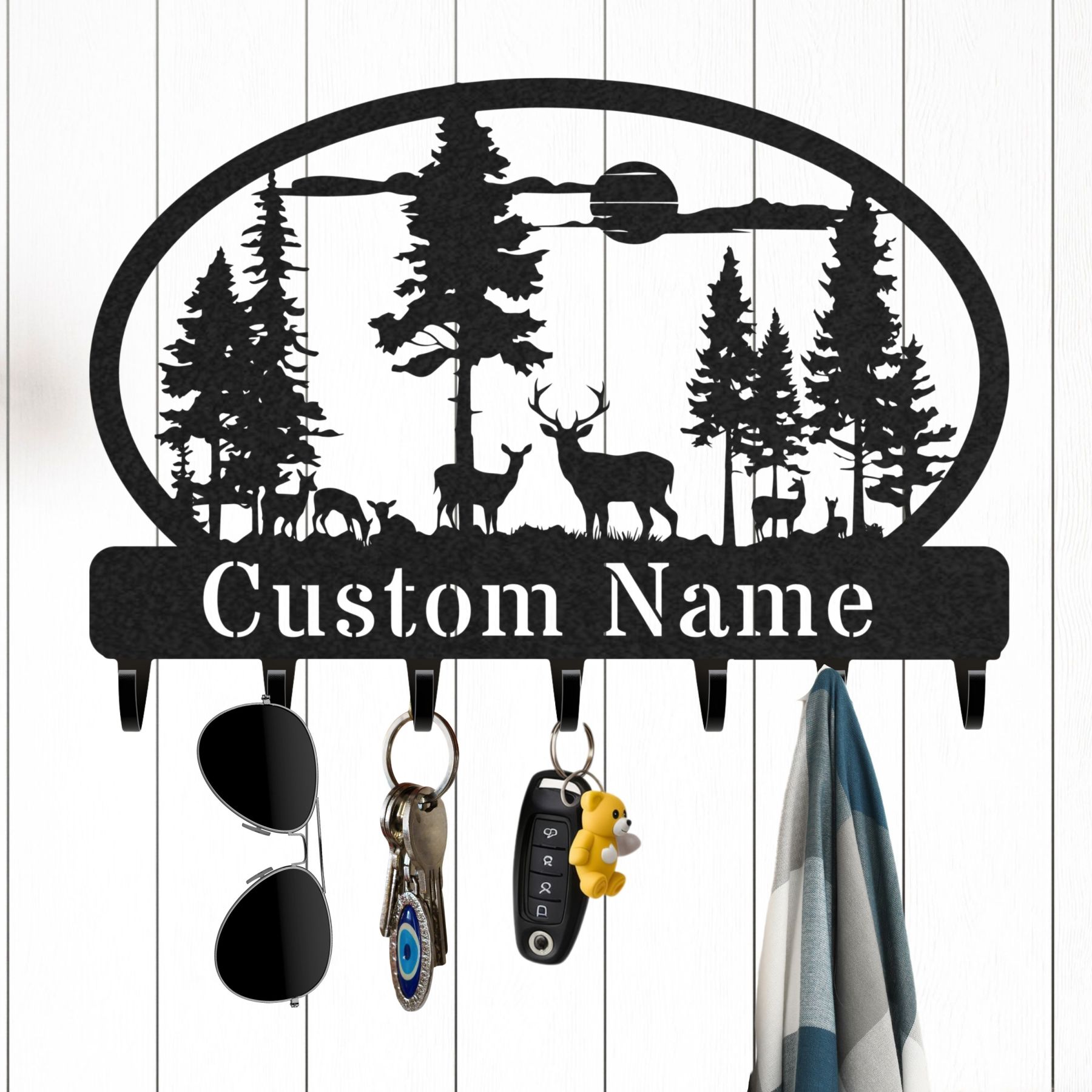 Personalized Key Holder for Wall, Custom Metal Forest Camp Cabin Key Hooks with Name, Metal Jacket Holder Hooks Organizer Rack, Coat Hanger Decor for Kitchen, Entryway, Hallway, Office, Doorway