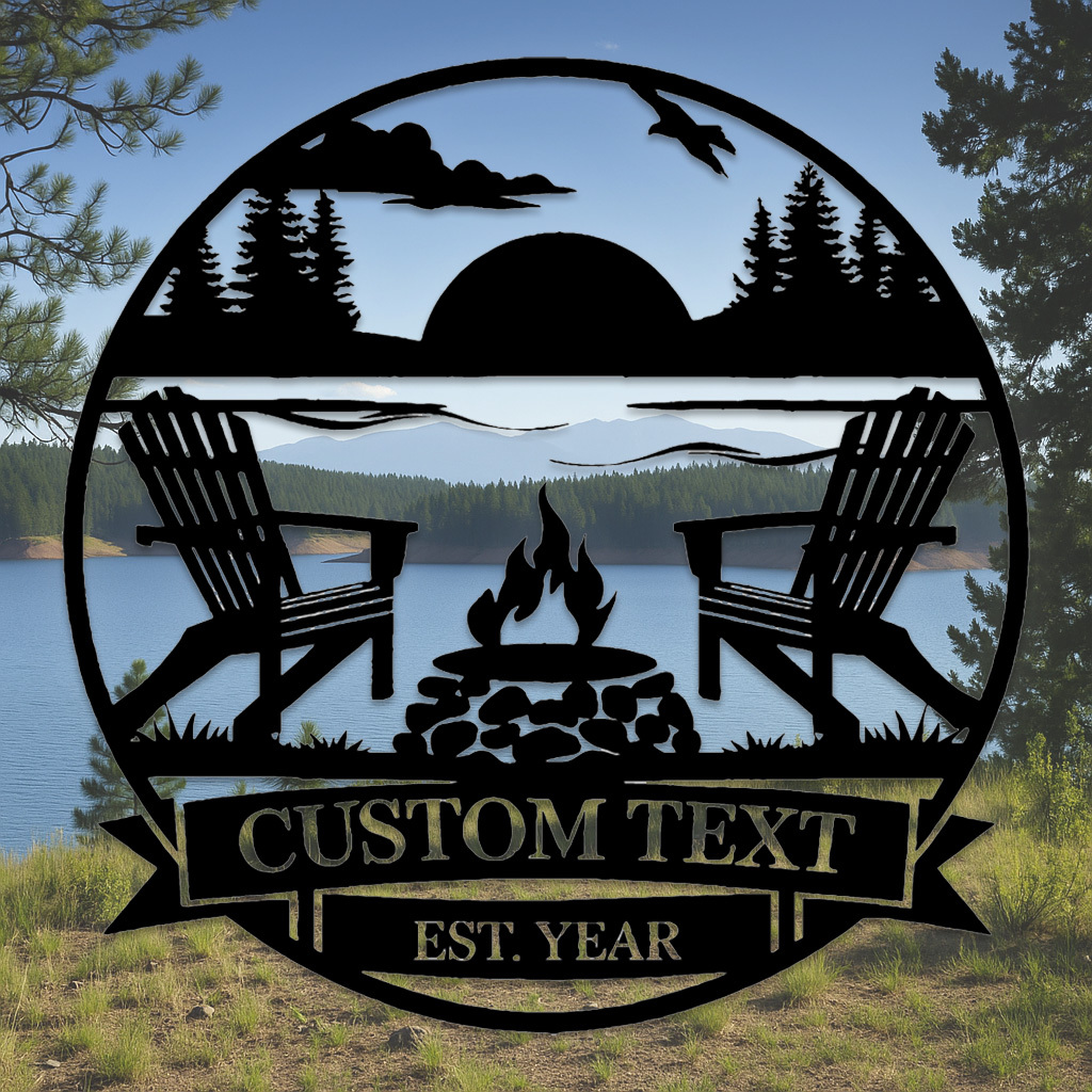 Custom Lake Sunset Metal Sign, Personalized Adirondack Chair and Firepit Wall Art for Cabin, Backyard or Vacation Home Outdoor Decor