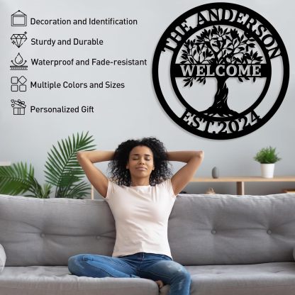 Personalized Tree of Life Metal Name Sign, Garden Yard Sign, Monogram Wall Decor-MetalsignX