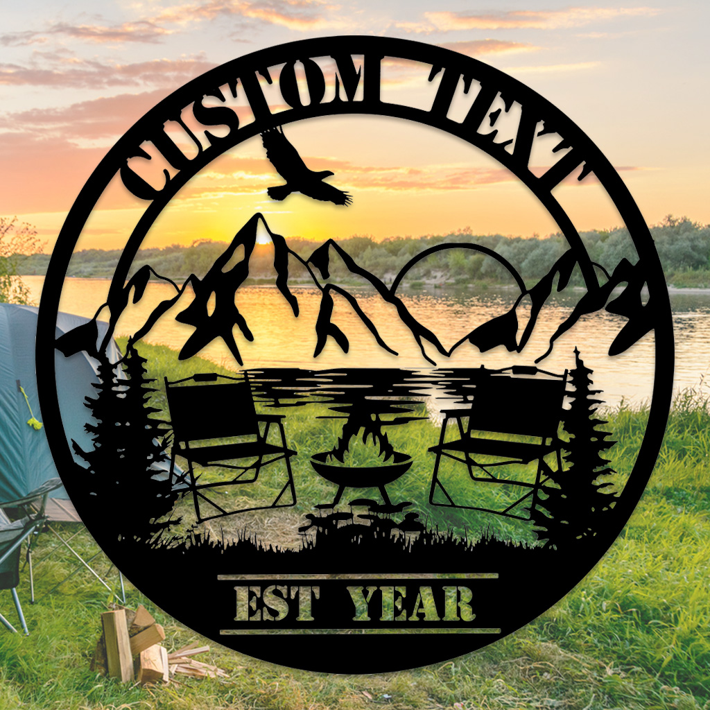Custom Camping Lake Metal Sign, Personalized Mountain Sunset Firepit Wall Art with Chairs and Name, Outdoor Decor for Cabin or Campsite