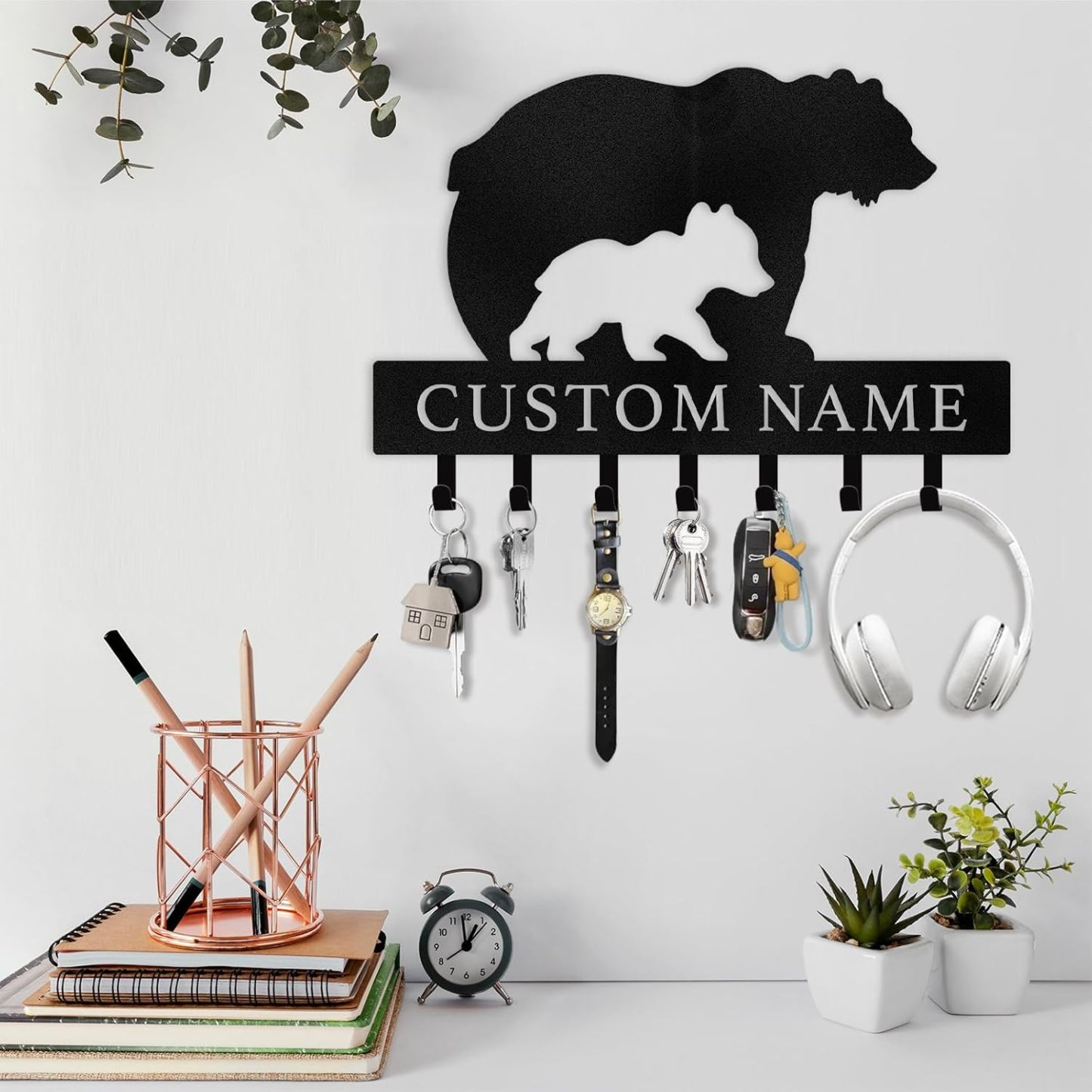 Rustic Metal Key Rack for Lodge & Cabin Decor， Personalized Bear Wall Hook -MetalsignX