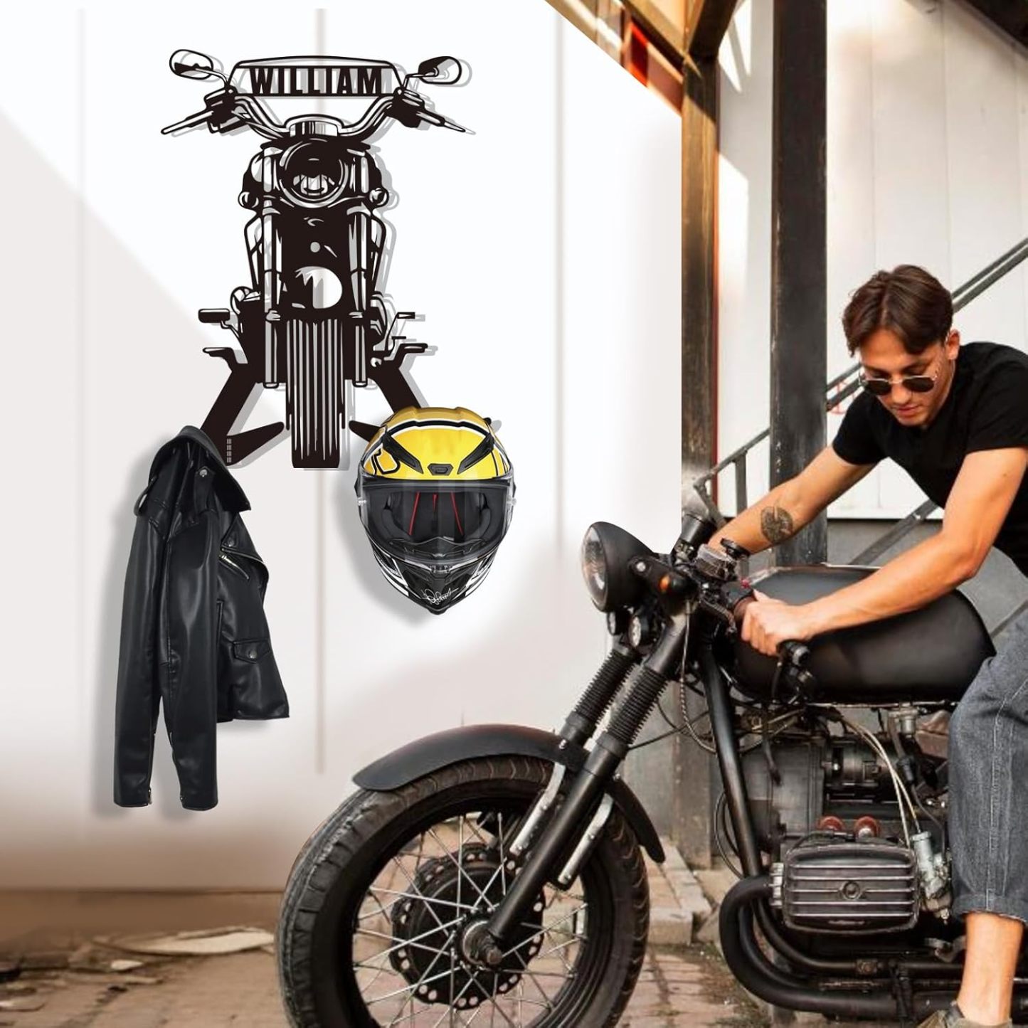 Custom Name Iron Helmet Hanger ,Durable Wall-Mounted Rack for Bikers-MetalsignX