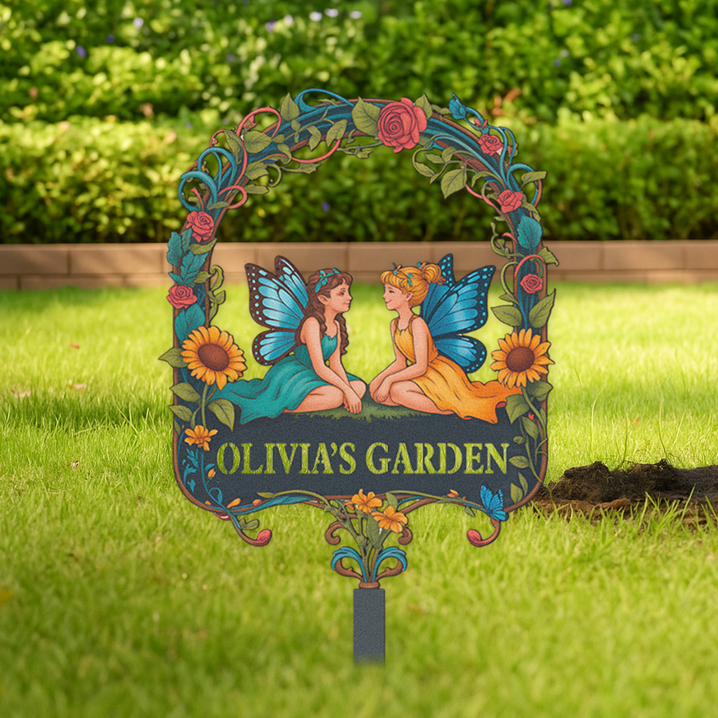 Personalized Fairy Garden Sign for Kids, Custom Metal Garden Stake with Fairies and Flowers, Colorful Garden Name Sign for Girls Yard Decor Outdoor Fairy Garden Gift