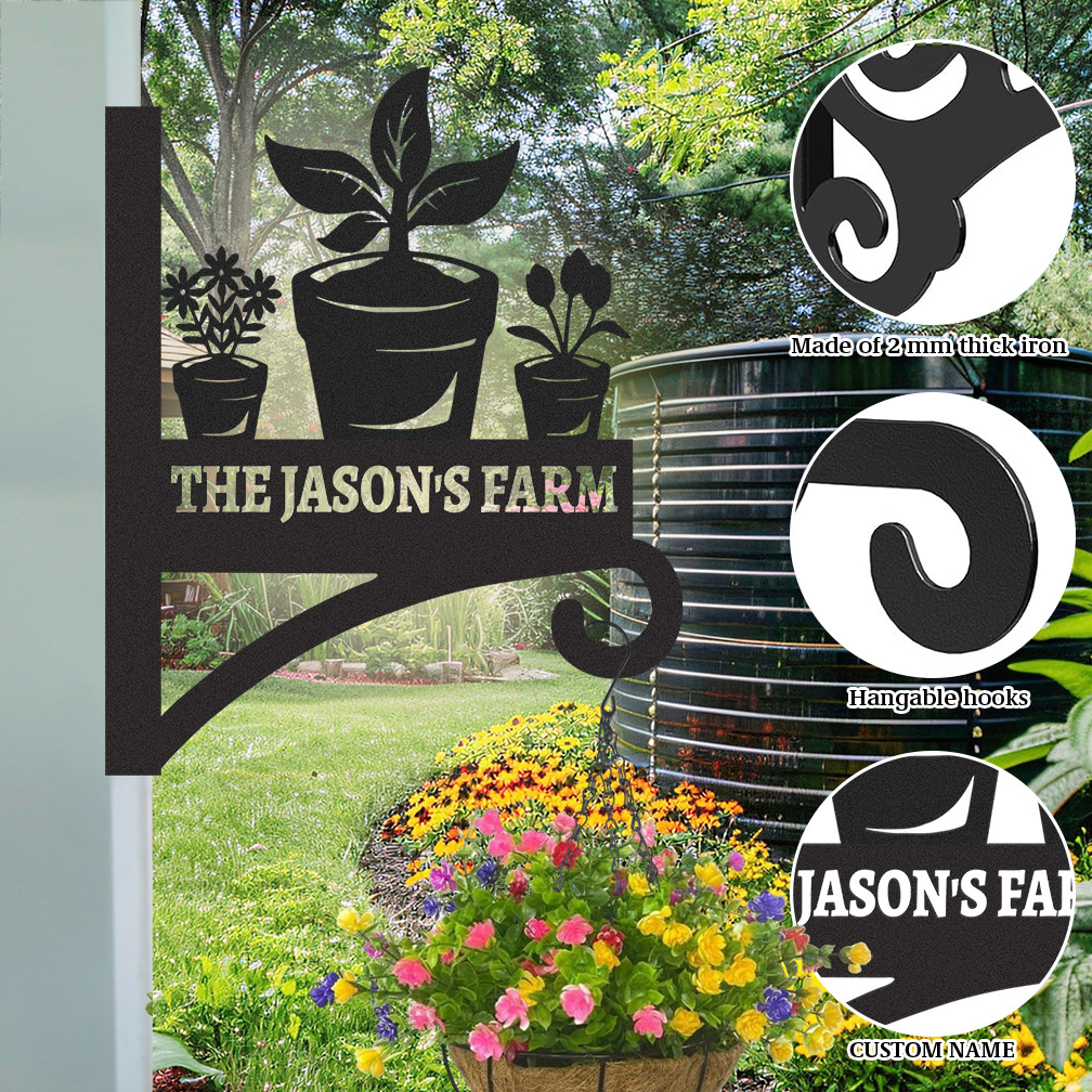 Custom Plant Pot Wall Hanger, Personalized Farmhouse Metal Bracket with Name, Rustic Garden Plant Hanger Hook for Pots Bird Feeders Wind Chimes