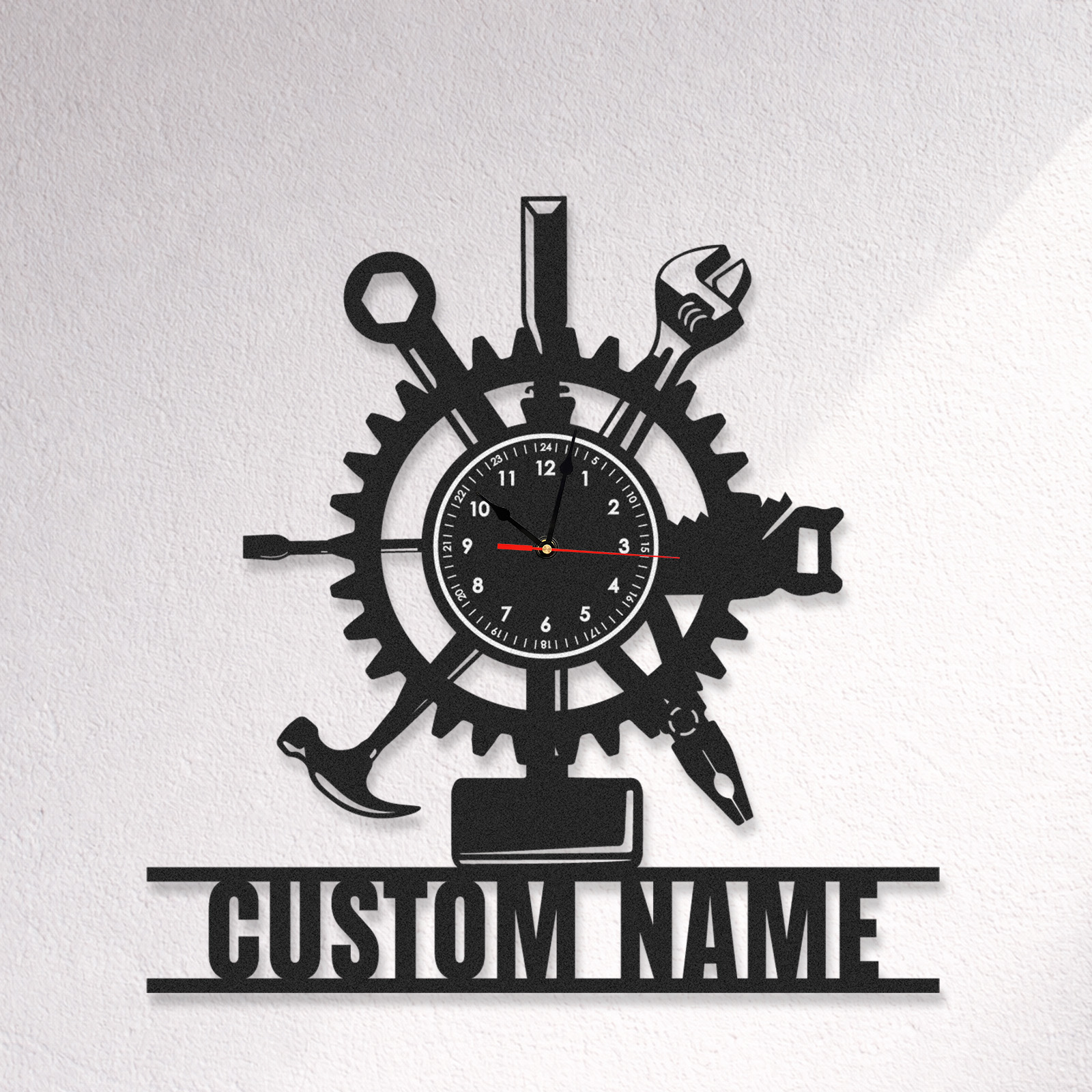 Personalized Handyman Gear Metal Wall Clock with Custom Name, Tool Workshop Decor, Silent Industrial Garage Wall Art