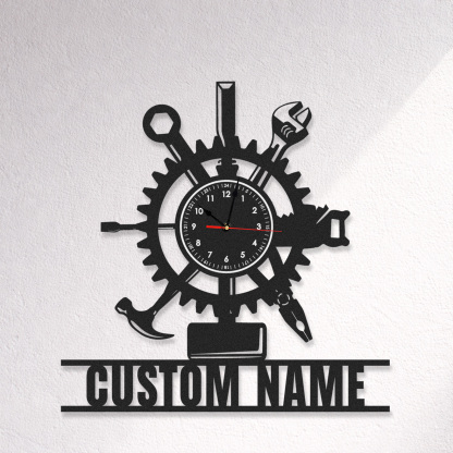 Personalized Handyman Gear Metal Wall Clock with Custom Name, Tool Workshop Decor, Silent Industrial Garage Wall Art