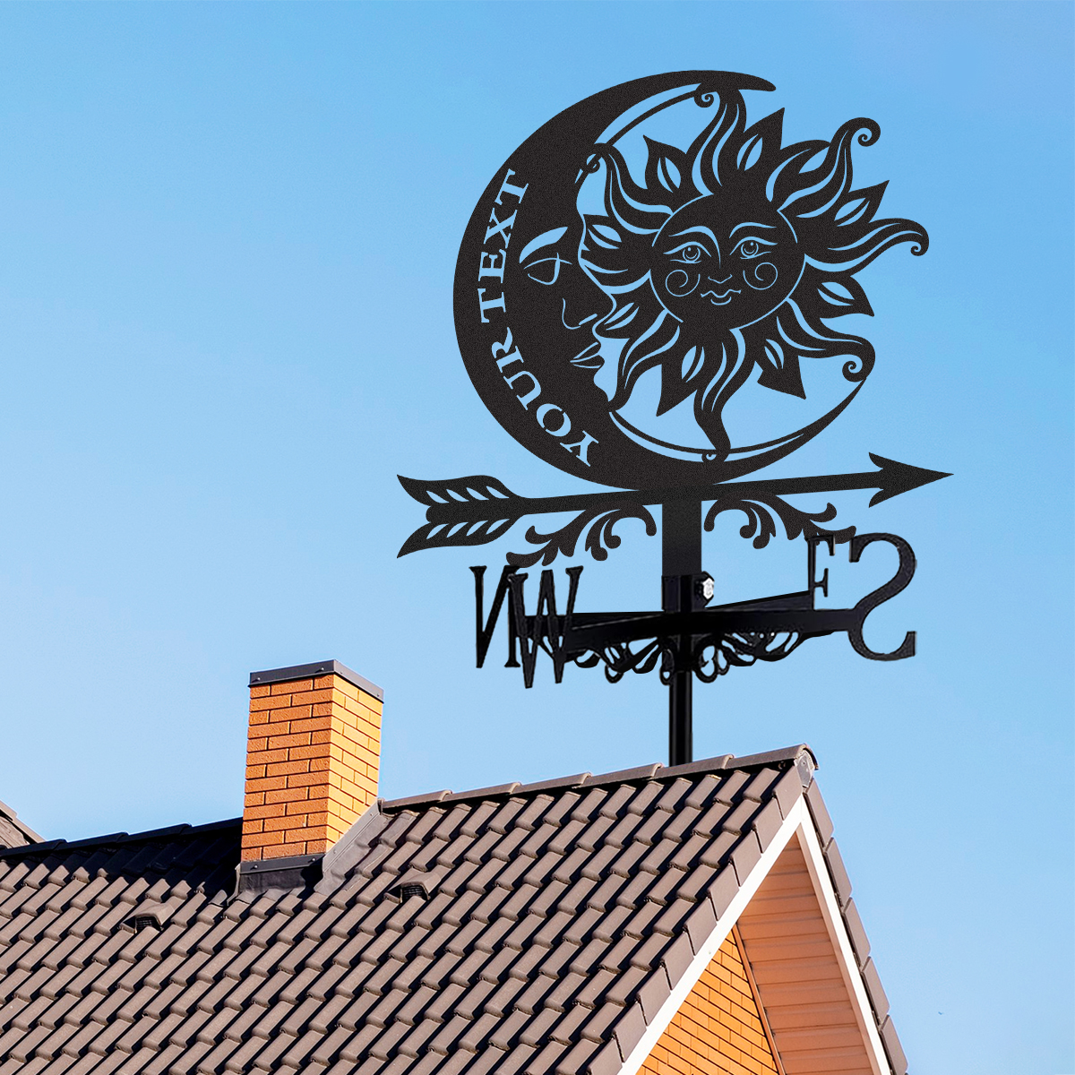Personalized Sun Moon Metal Weather Vane with Custom Text, Celestial Roof Wind Direction Indicator Outdoor Yard Garden Decor