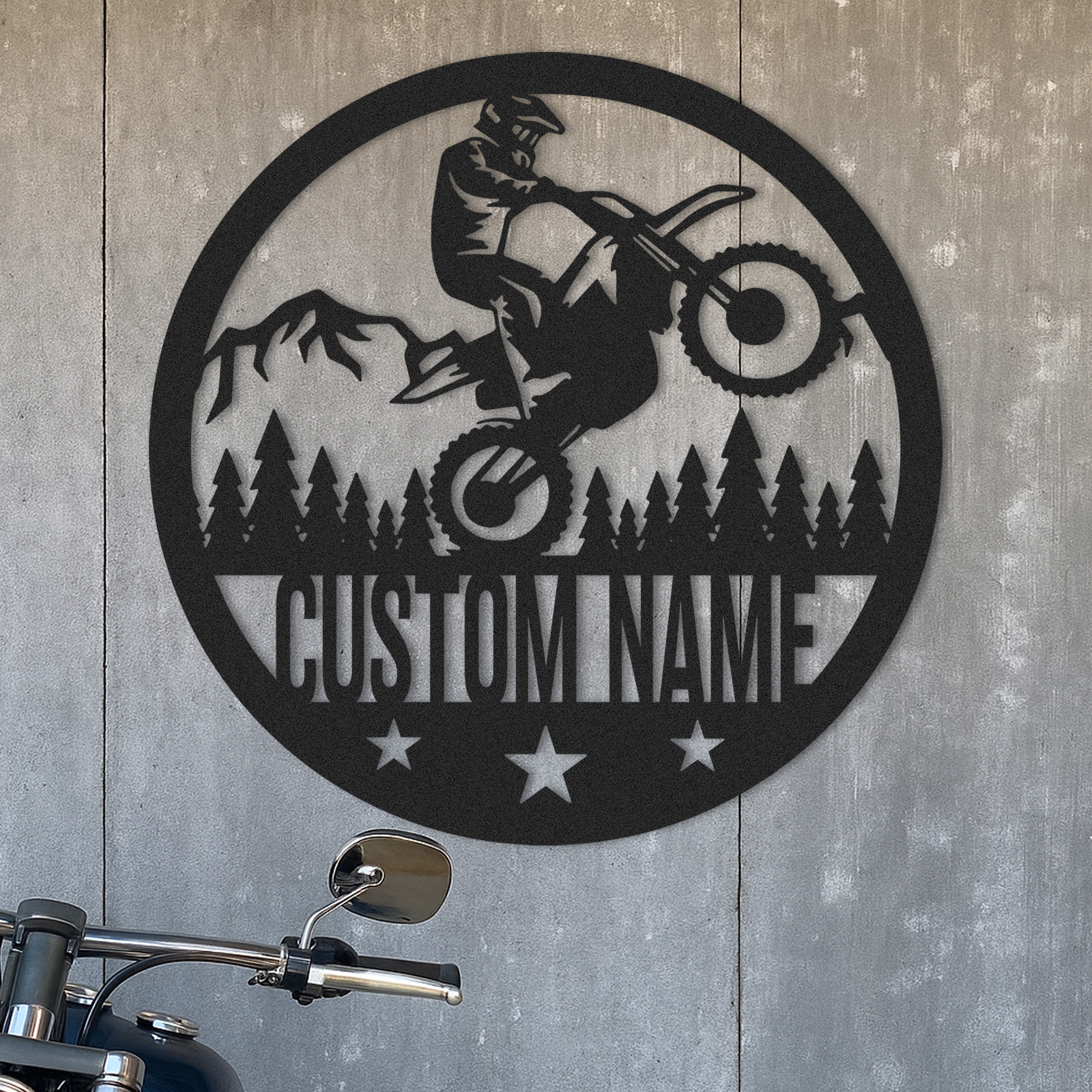 Custom Dirt Bike Forest Metal Sign, Personalized Round Wall Art for Off-Road Rider, Mountain Motorcycle Decor, Garage or Man Cave Gift for Bikers