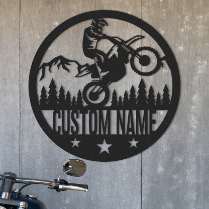 Custom Dirt Bike Forest Metal Sign, Personalized Round Wall Art for Off-Road Rider, Mountain Motorcycle Decor, Garage or Man Cave Gift for Bikers