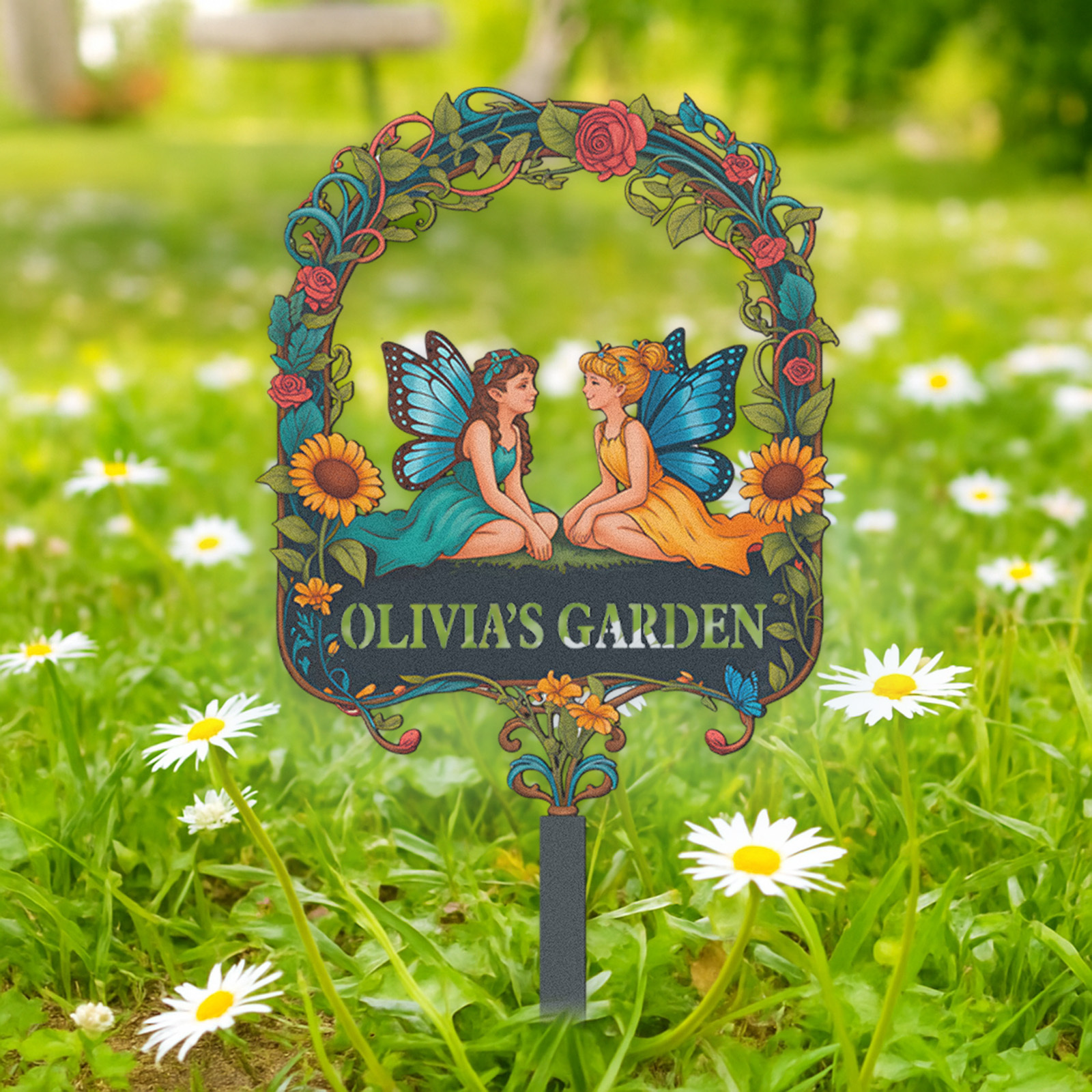 Personalized Fairy Garden Sign for Kids, Custom Metal Garden Stake with Fairies and Flowers, Colorful Garden Name Sign for Girls Yard Decor Outdoor Fairy Garden Gift