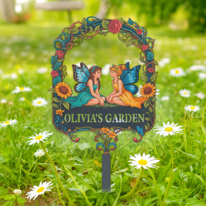 Personalized Fairy Garden Sign for Kids, Custom Metal Garden Stake with Fairies and Flowers, Colorful Garden Name Sign for Girls Yard Decor Outdoor Fairy Garden Gift