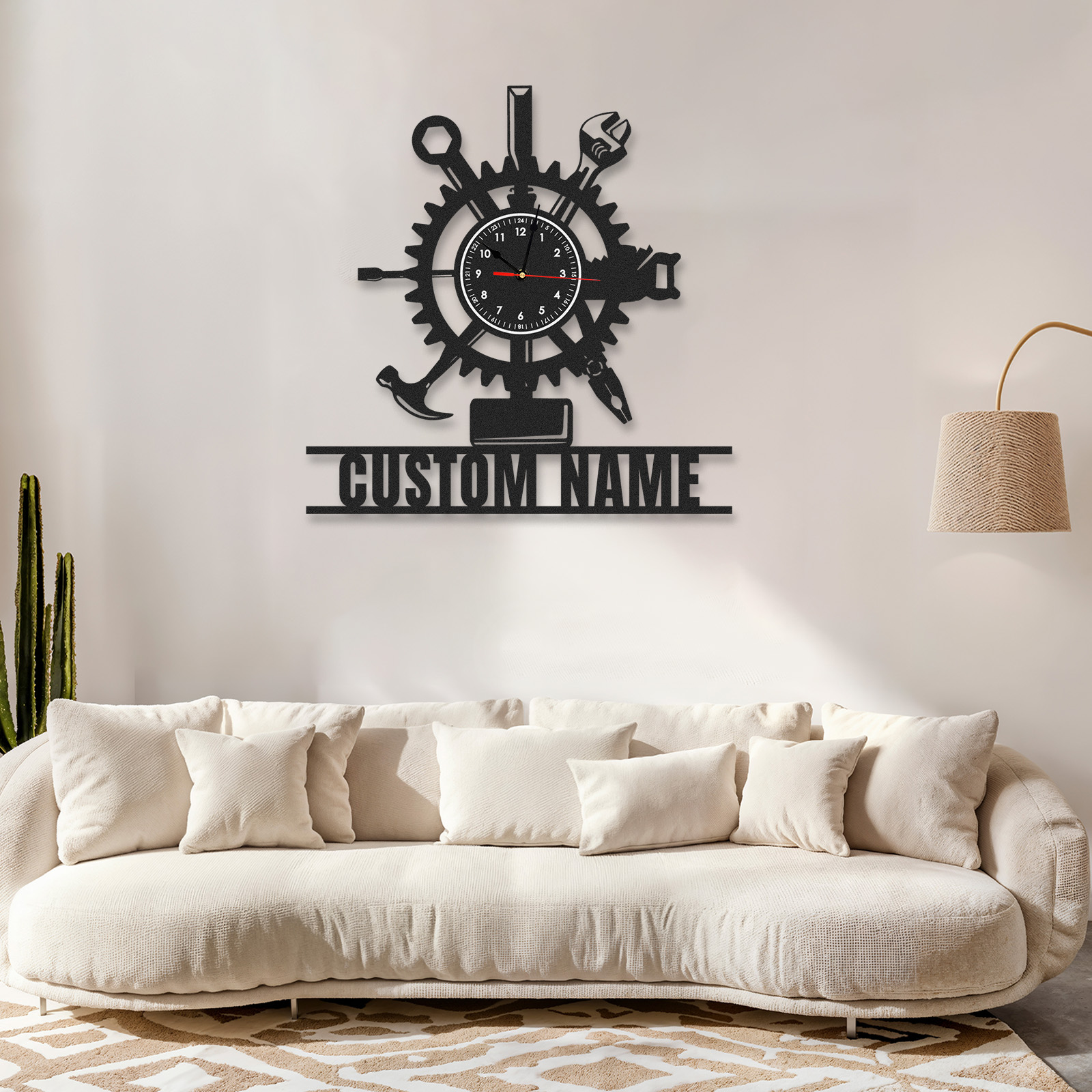 Personalized Handyman Gear Metal Wall Clock with Custom Name, Tool Workshop Decor, Silent Industrial Garage Wall Art