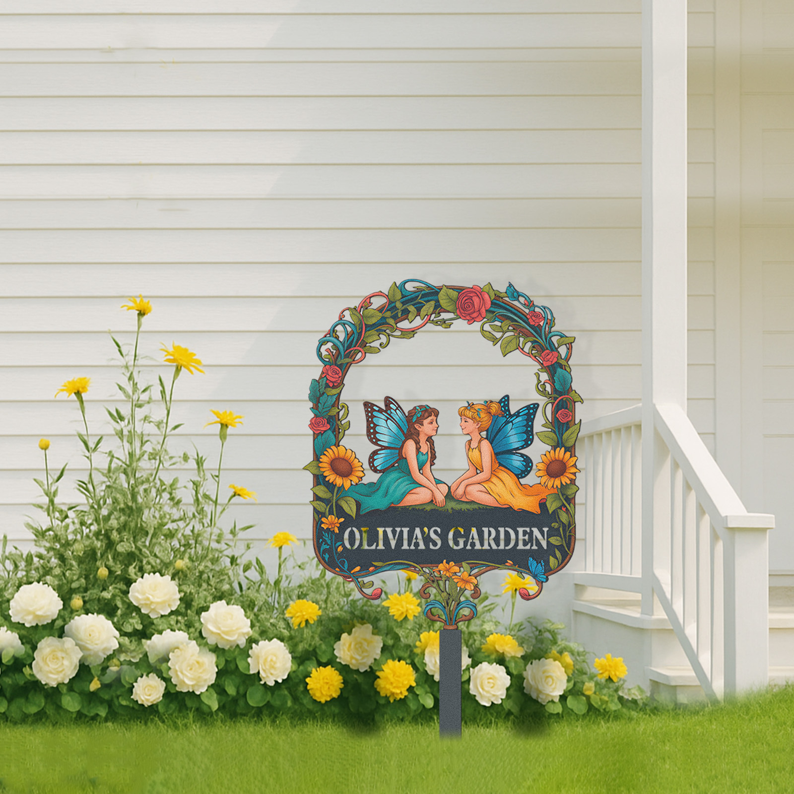 Personalized Fairy Garden Sign for Kids, Custom Metal Garden Stake with Fairies and Flowers, Colorful Garden Name Sign for Girls Yard Decor Outdoor Fairy Garden Gift