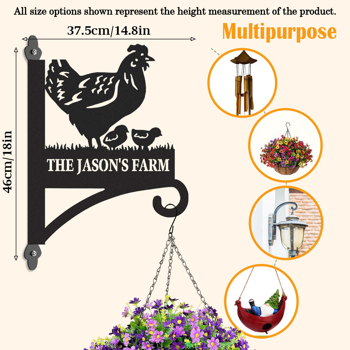 Custom Chicken Family Plant Hanger, Personalized Metal Wall Hook Sign with Hen and Chicks, Rustic Farmhouse Decor for Garden or Chicken Coop