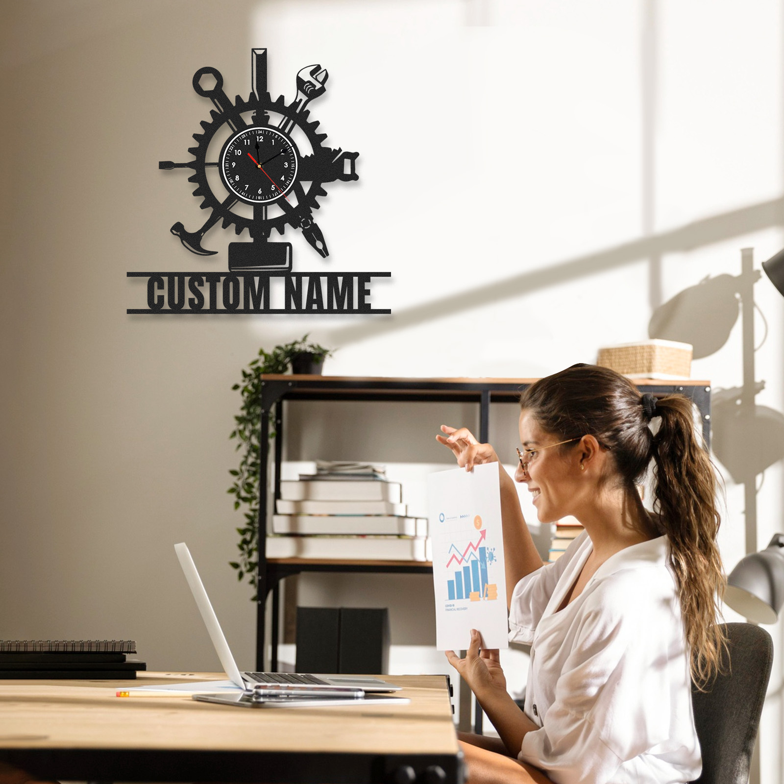 Personalized Handyman Gear Metal Wall Clock with Custom Name, Tool Workshop Decor, Silent Industrial Garage Wall Art