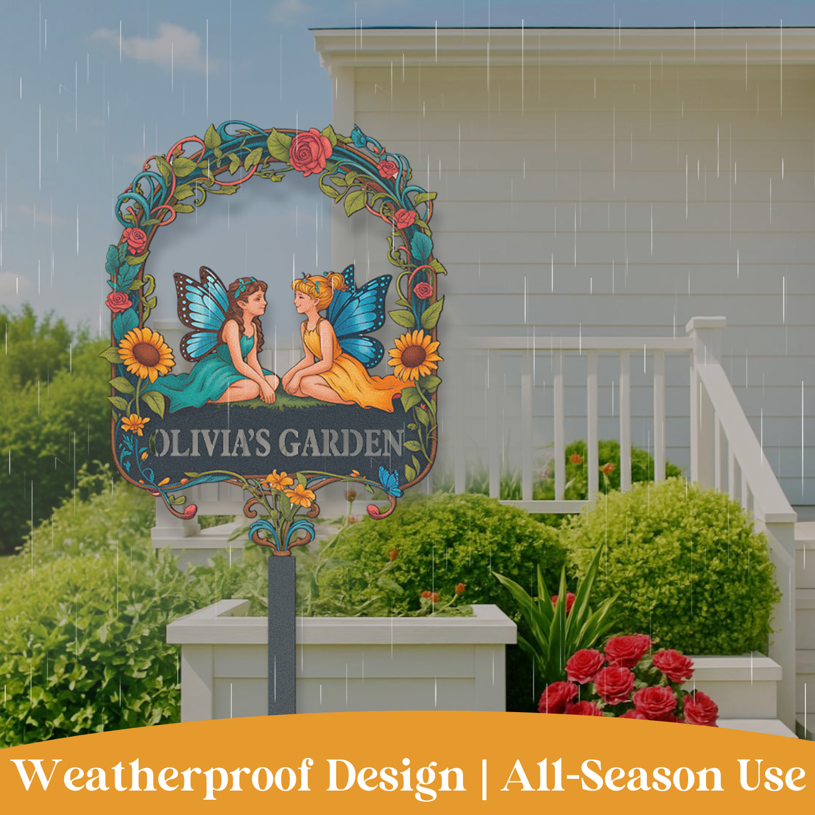 Personalized Fairy Garden Sign for Kids, Custom Metal Garden Stake with Fairies and Flowers, Colorful Garden Name Sign for Girls Yard Decor Outdoor Fairy Garden Gift