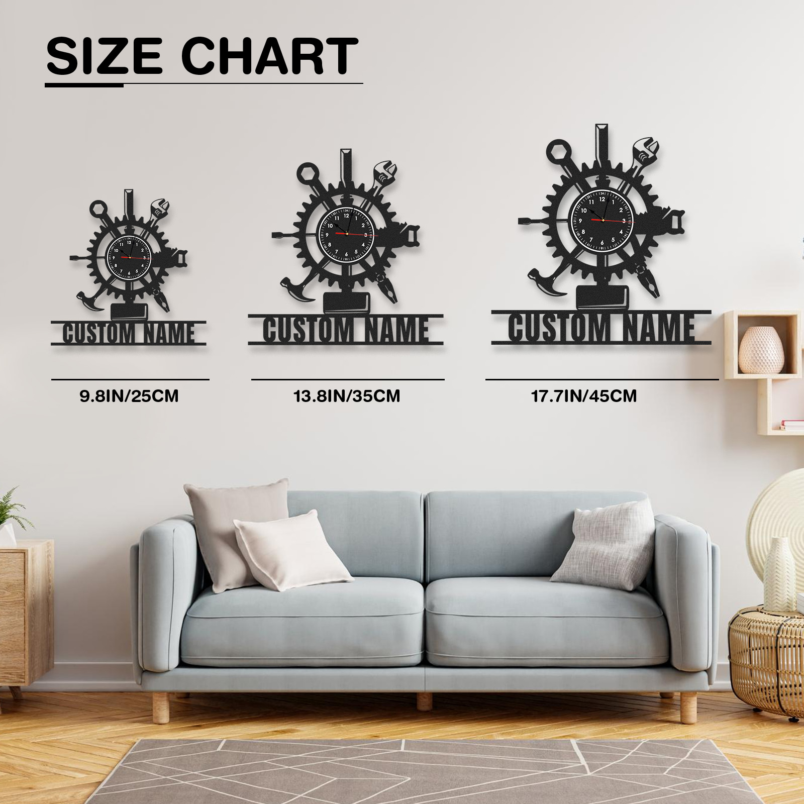 Personalized Handyman Gear Metal Wall Clock with Custom Name, Tool Workshop Decor, Silent Industrial Garage Wall Art