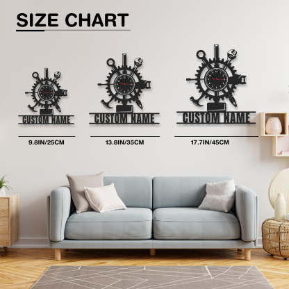 Personalized Handyman Gear Metal Wall Clock with Custom Name, Tool Workshop Decor, Silent Industrial Garage Wall Art
