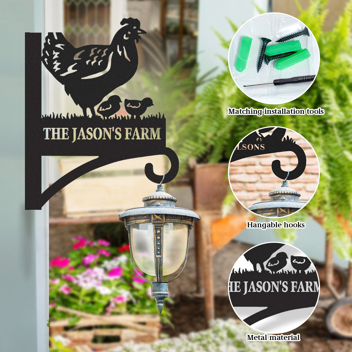 Custom Chicken Family Plant Hanger, Personalized Metal Wall Hook Sign with Hen and Chicks, Rustic Farmhouse Decor for Garden or Chicken Coop
