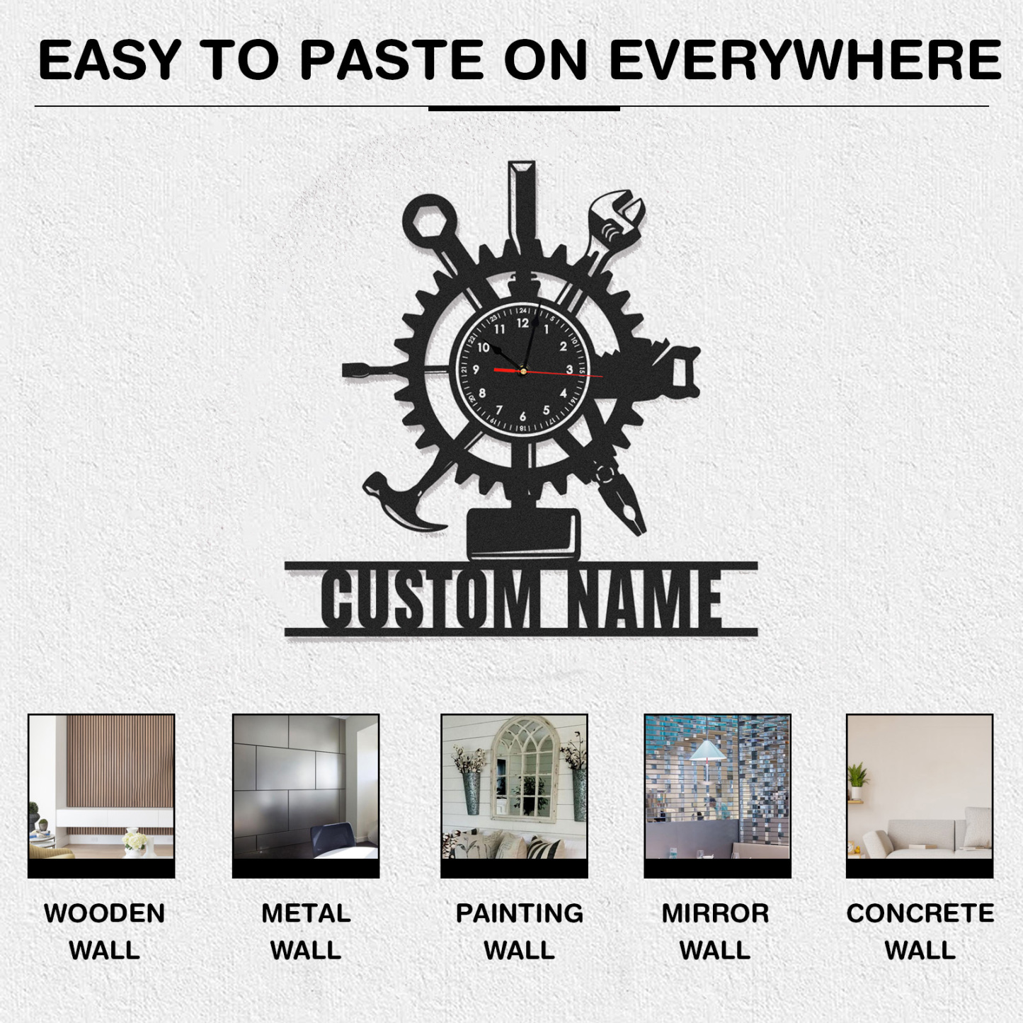 Personalized Handyman Gear Metal Wall Clock with Custom Name, Tool Workshop Decor, Silent Industrial Garage Wall Art