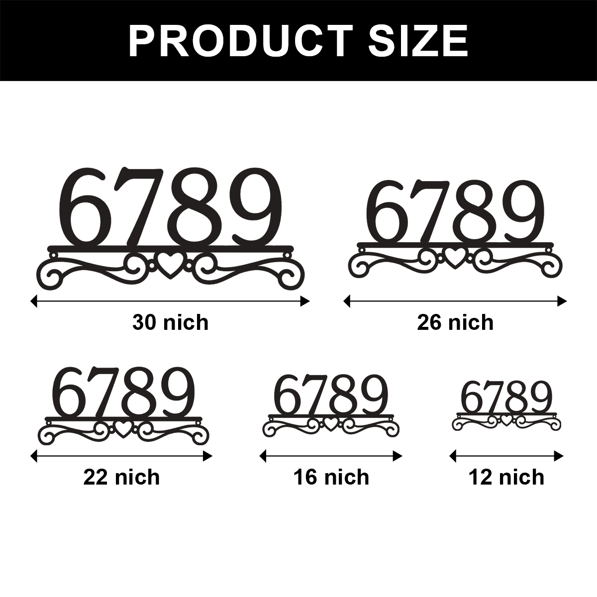 Heart Scroll Metal Address Sign, Custom Powder-Coated House Number Plaque, Personalized Outdoor Metal Address Sign