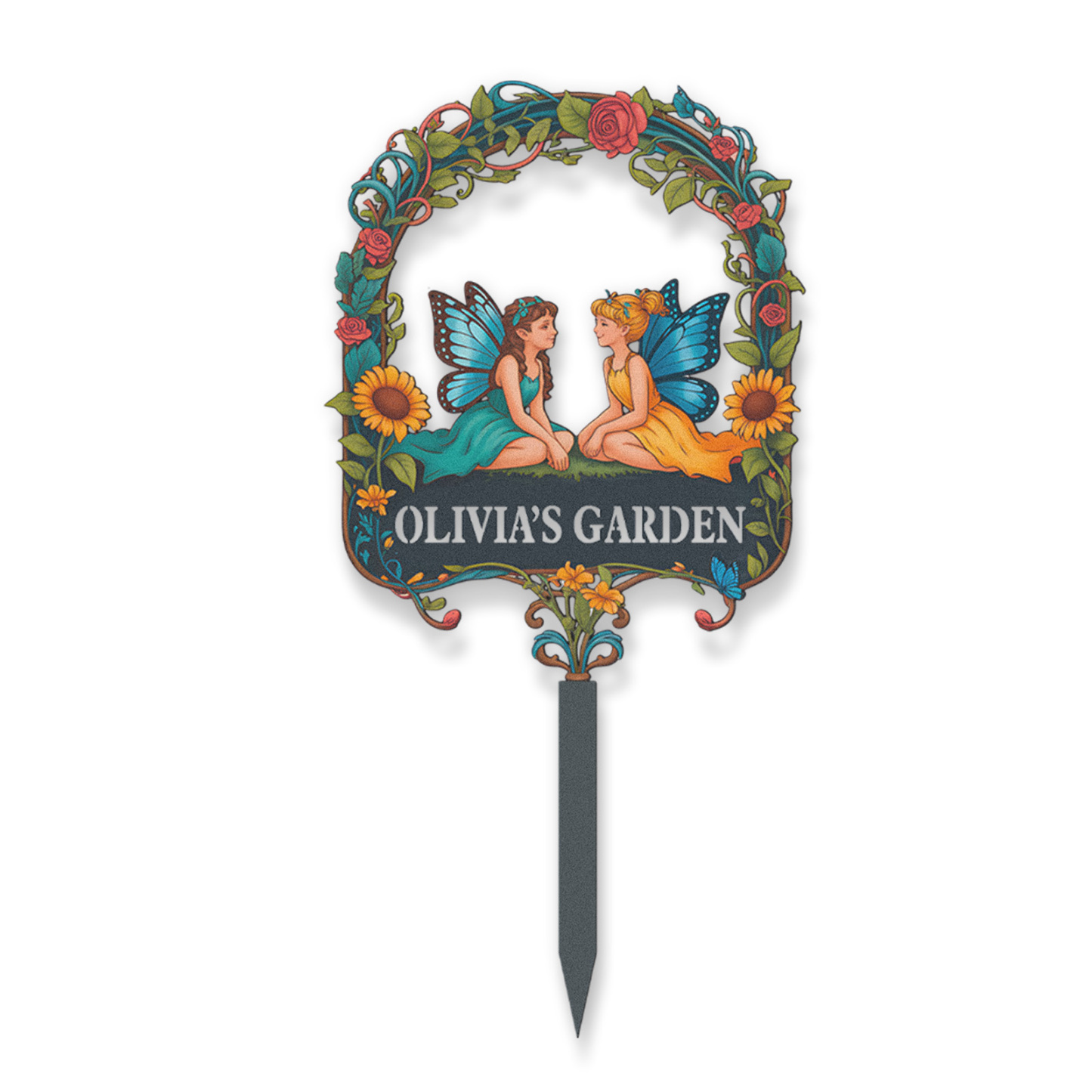 Personalized Fairy Garden Sign for Kids, Custom Metal Garden Stake with Fairies and Flowers, Colorful Garden Name Sign for Girls Yard Decor Outdoor Fairy Garden Gift