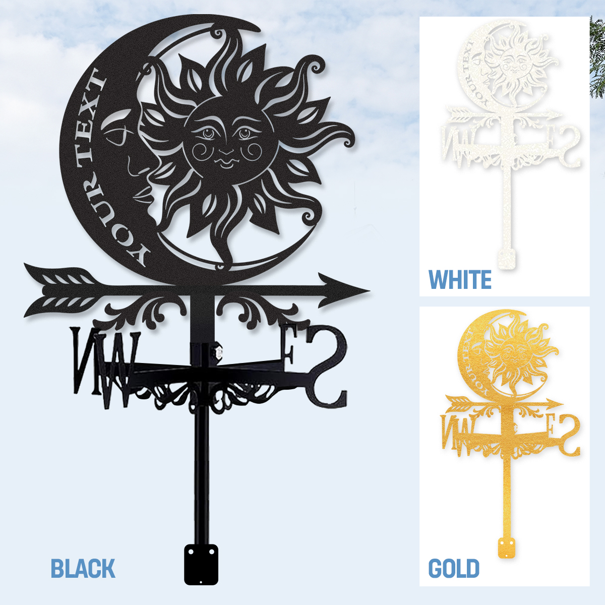 Personalized Sun Moon Metal Weather Vane with Custom Text, Celestial Roof Wind Direction Indicator Outdoor Yard Garden Decor