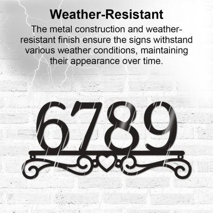 Heart Scroll Metal Address Sign, Custom Powder-Coated House Number Plaque, Personalized Outdoor Metal Address Sign