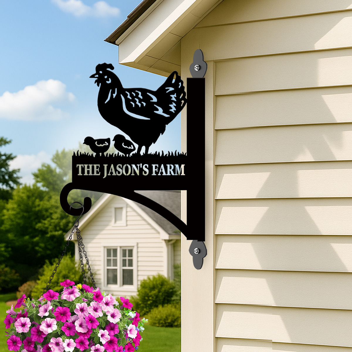 Custom Chicken Family Plant Hanger, Personalized Metal Wall Hook Sign with Hen and Chicks, Rustic Farmhouse Decor for Garden or Chicken Coop