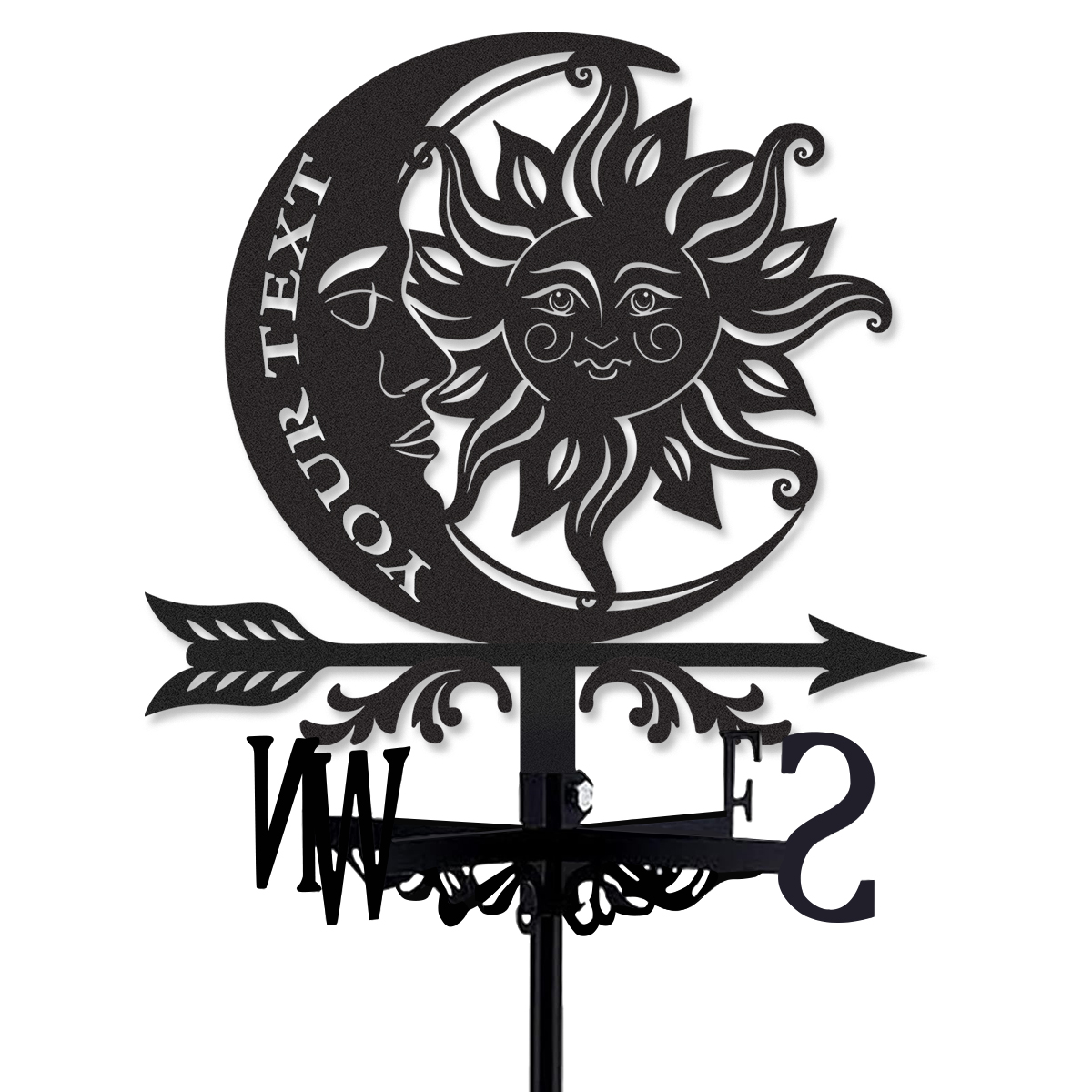 Personalized Sun Moon Metal Weather Vane with Custom Text, Celestial Roof Wind Direction Indicator Outdoor Yard Garden Decor