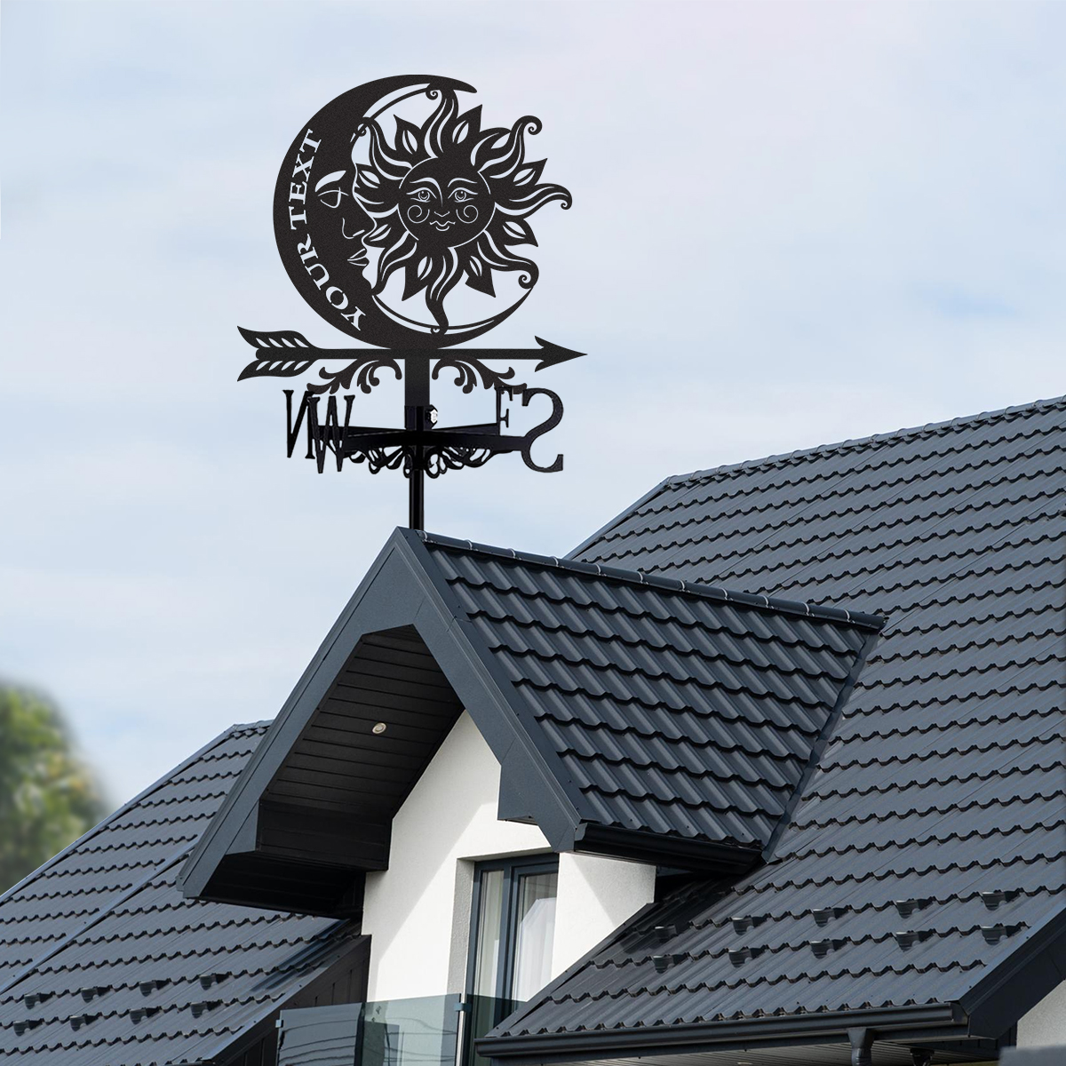 Personalized Sun Moon Metal Weather Vane with Custom Text, Celestial Roof Wind Direction Indicator Outdoor Yard Garden Decor