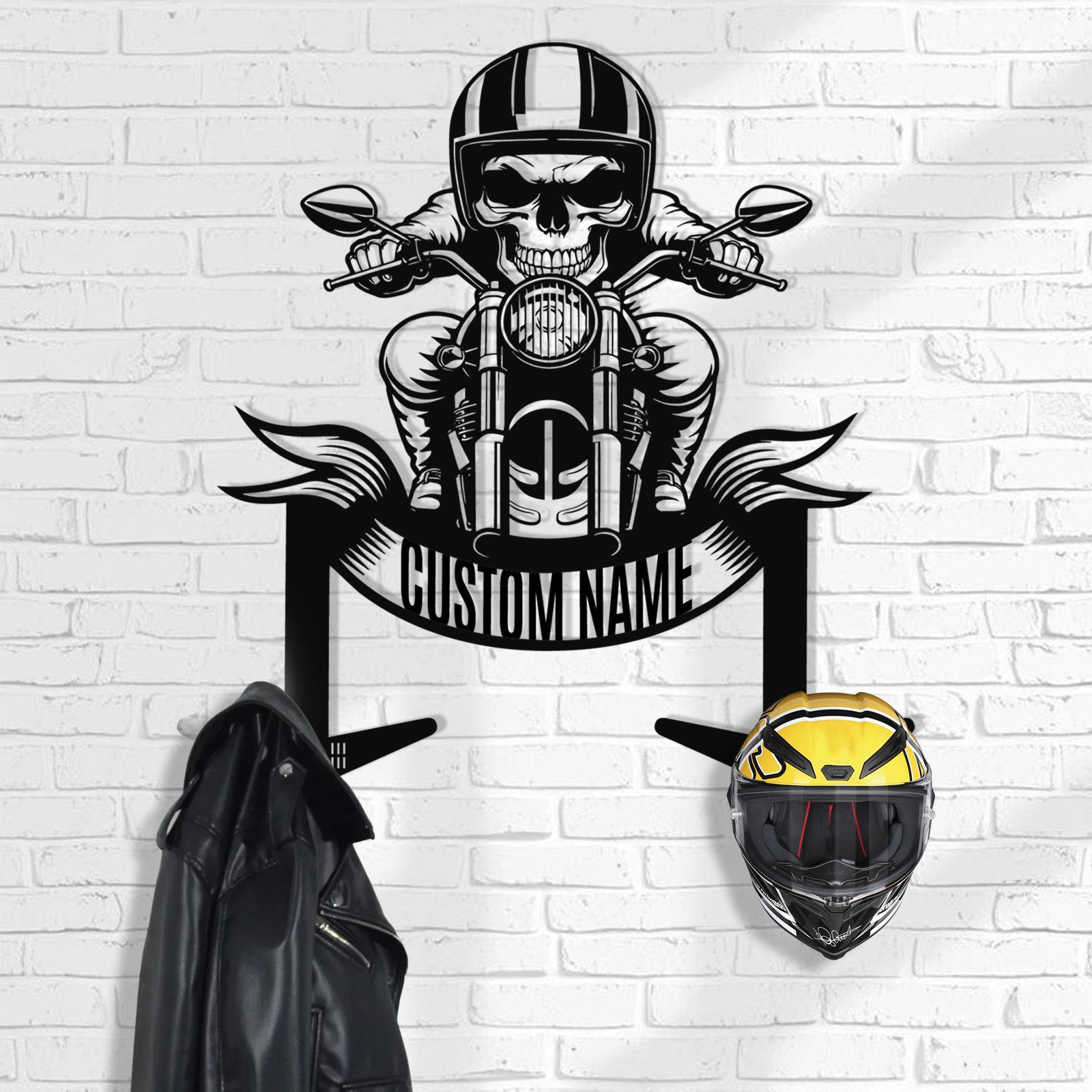 Custom Skull Biker Motorcycle Helmet Holder Wall Mount, Personalized Name Metal Hooks Rack for Helmet Jacket Coat, Cool Garage Wall Decor for Riders
