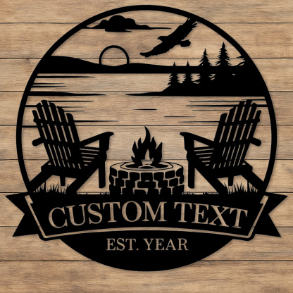 Custom Lake Campfire Metal Sign, Personalized Adirondack Chair and Firepit Wall Art for Cabin, Porch or Backyard Outdoor Decor