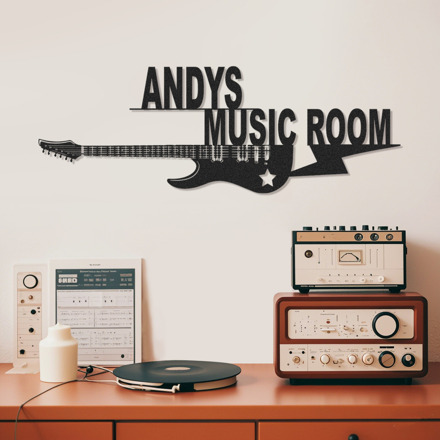 Personalized Electric Guitar Metal Sign, Custom Music Room Wall Art with Star and Lightning, Rock Gift for Him