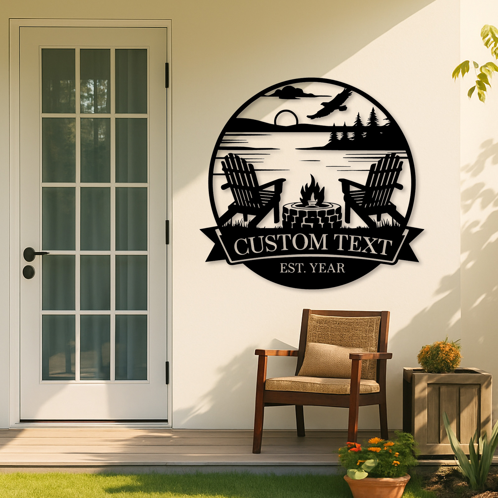 Custom Lake Campfire Metal Sign, Personalized Adirondack Chair and Firepit Wall Art for Cabin, Porch or Backyard Outdoor Decor