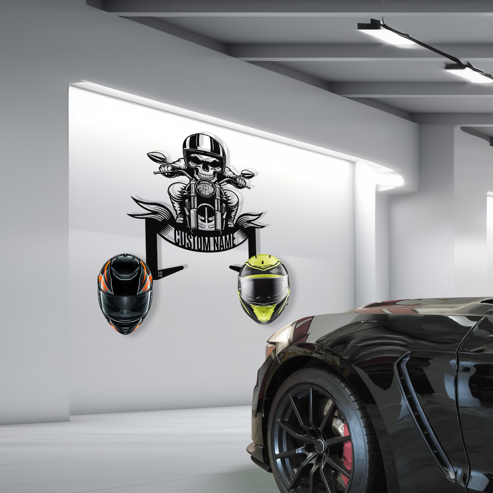 Custom Skull Biker Motorcycle Helmet Holder Wall Mount, Personalized Name Metal Hooks Rack for Helmet Jacket Coat, Cool Garage Wall Decor for Riders