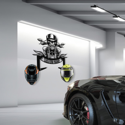 Custom Skull Biker Motorcycle Helmet Holder Wall Mount, Personalized Name Metal Hooks Rack for Helmet Jacket Coat, Cool Garage Wall Decor for Riders