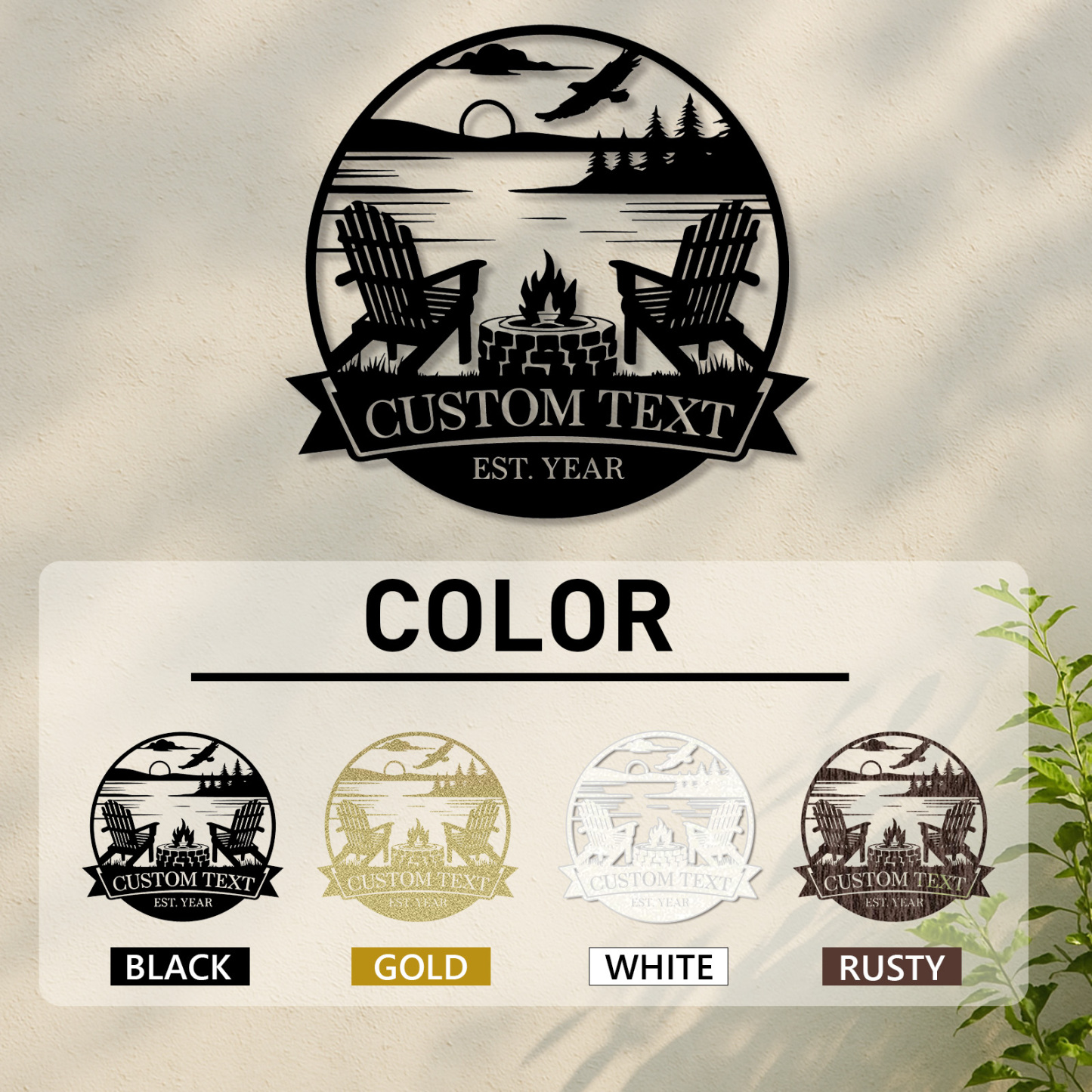 Custom Lake Campfire Metal Sign, Personalized Adirondack Chair and Firepit Wall Art for Cabin, Porch or Backyard Outdoor Decor