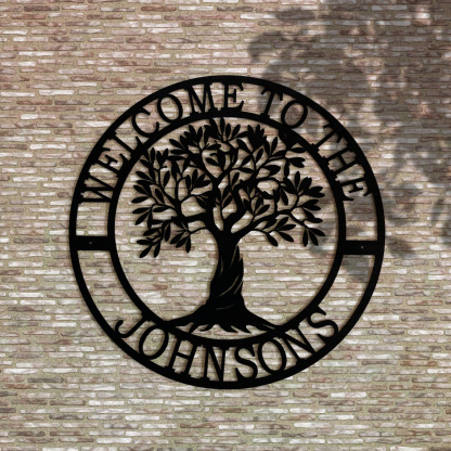 Custom Welcome Family Tree of Life Name Sign, Personalized Metal Wall Art Deco, Metal Home Sign, Wall Hanging Olive Tree Door Sign