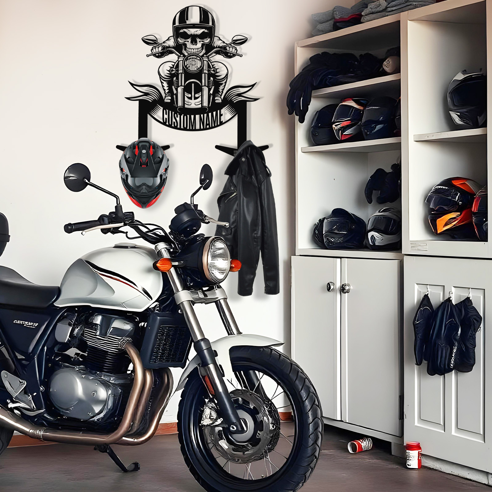 Custom Skull Biker Motorcycle Helmet Holder Wall Mount, Personalized Name Metal Hooks Rack for Helmet Jacket Coat, Cool Garage Wall Decor for Riders