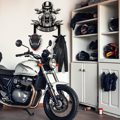 Custom Skull Biker Motorcycle Helmet Holder Wall Mount, Personalized Name Metal Hooks Rack for Helmet Jacket Coat, Cool Garage Wall Decor for Riders