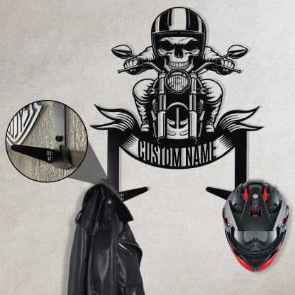Custom Skull Biker Motorcycle Helmet Holder Wall Mount, Personalized Name Metal Hooks Rack for Helmet Jacket Coat, Cool Garage Wall Decor for Riders