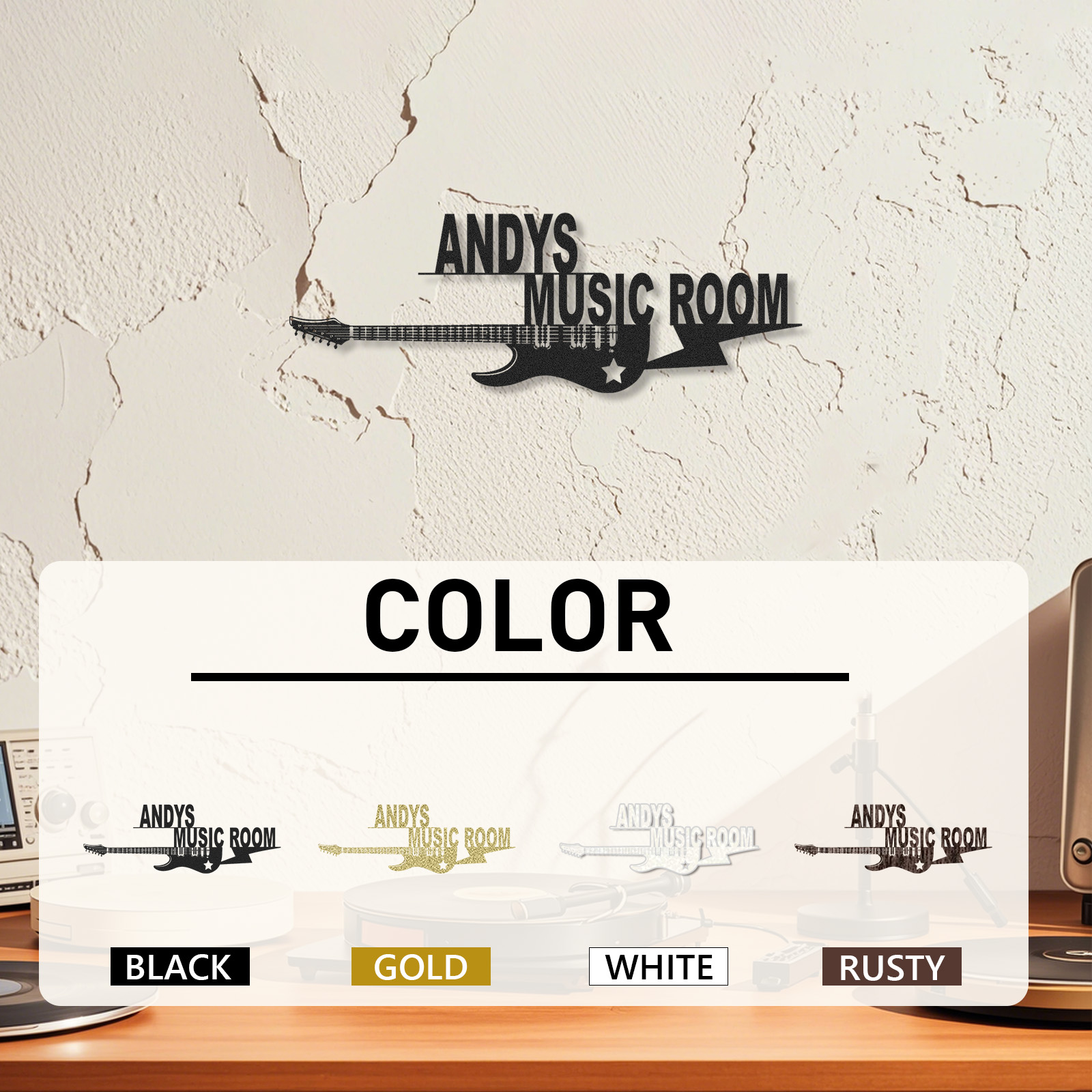 Personalized Electric Guitar Metal Sign, Custom Music Room Wall Art with Star and Lightning, Rock Gift for Him