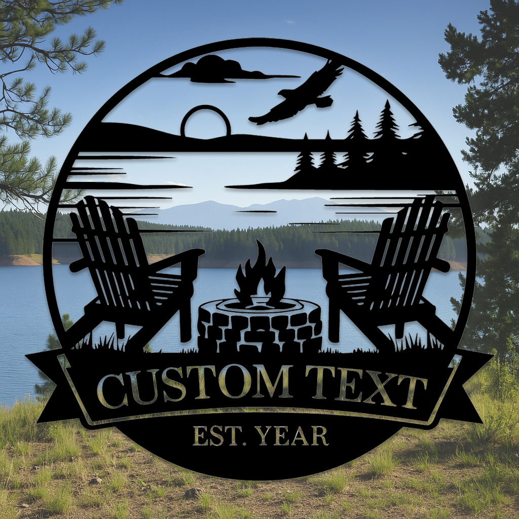 Custom Lake Campfire Metal Sign, Personalized Adirondack Chair and Firepit Wall Art for Cabin, Porch or Backyard Outdoor Decor