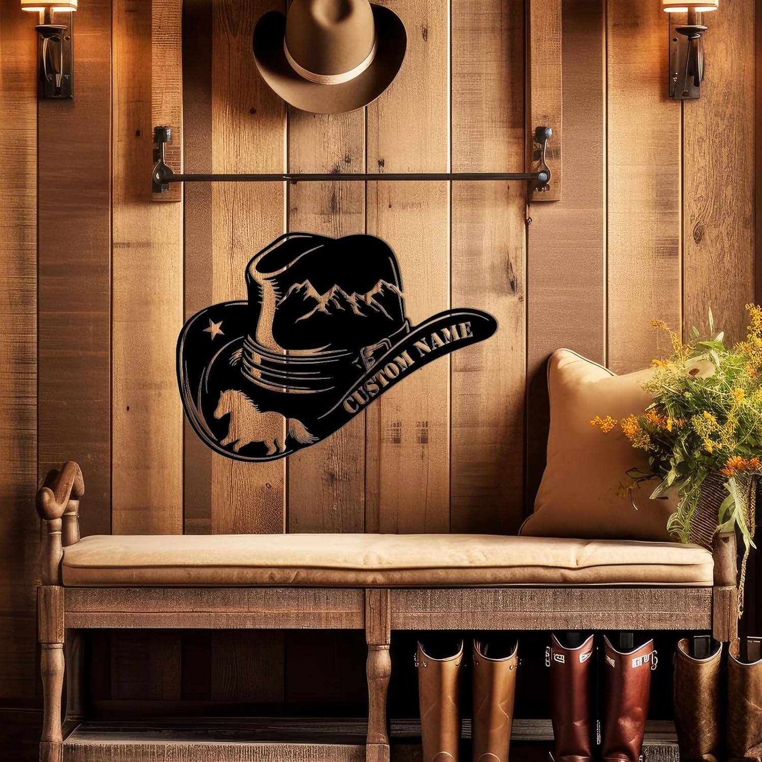 Personalized Western Wall Decor Metal Signs, Rustic Cowboy Couple Silhouette, Cowboy Metal Name Sign Customized, Vintage Howdy Wall Art Gifts for Home Bedroom Speakeasy Decor Color01